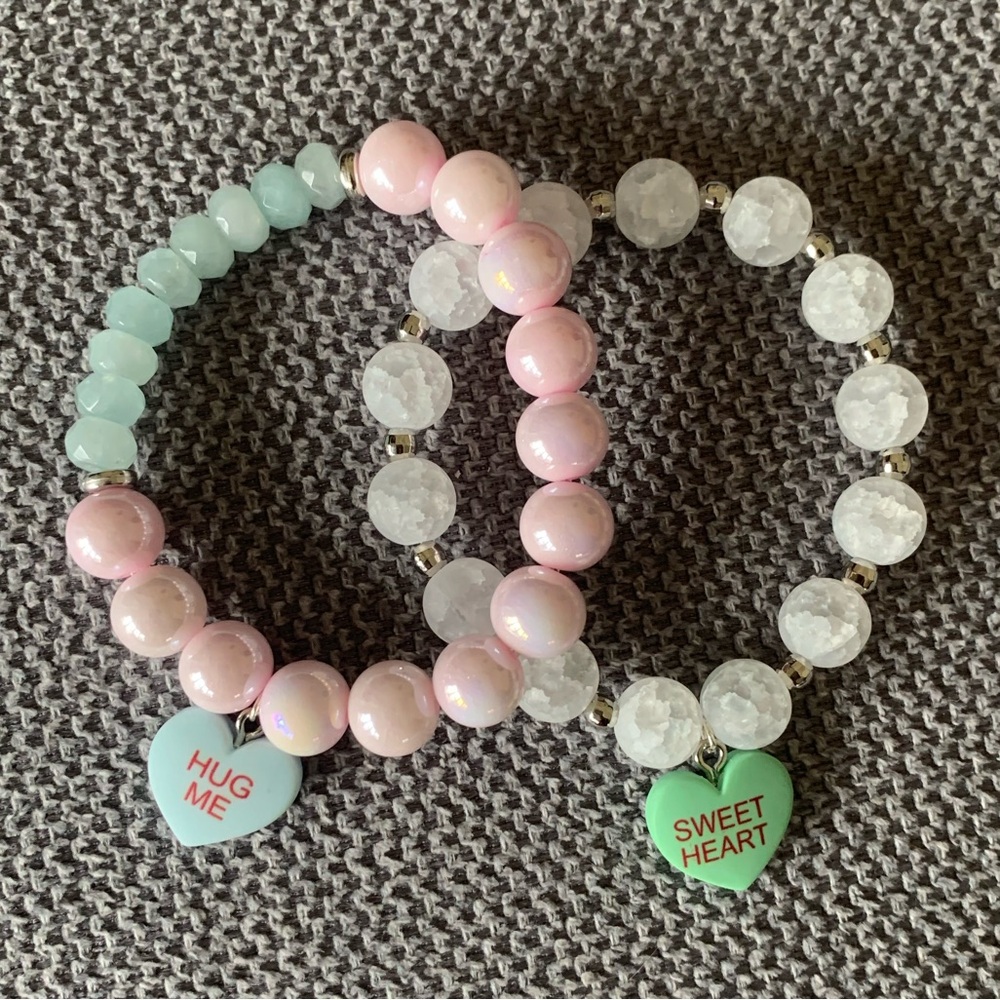 {Handmade} Pastel Beaded Bracelets Set with Conversation Heart Charms